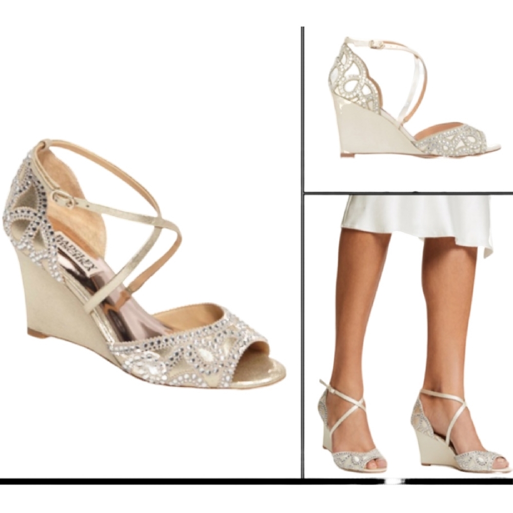 Badgley Mischka Gold Wedges with Rhinestones - Picture 2 of 13